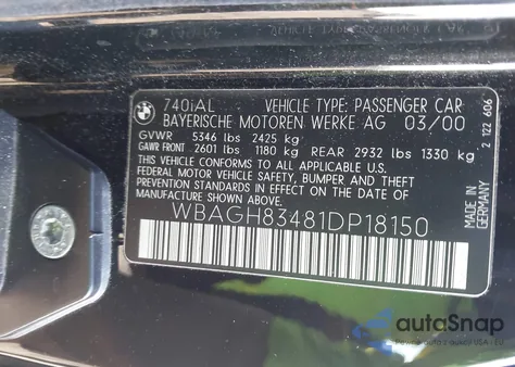 2001 BMW 740Il z USA, uszkodzony, nr VIN WBAGH83481DP18150